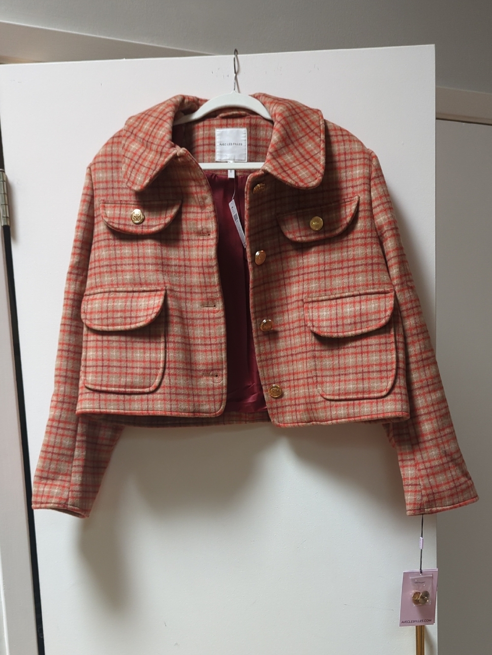 Avec Les Filles Cropped Plaid Jacket in Coral and Cream